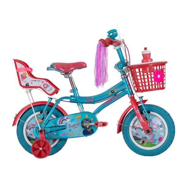 Bicicleta para niña rin 12 GW Princess Story color turquesa perlado con porta muñeca, canasta y rueditas