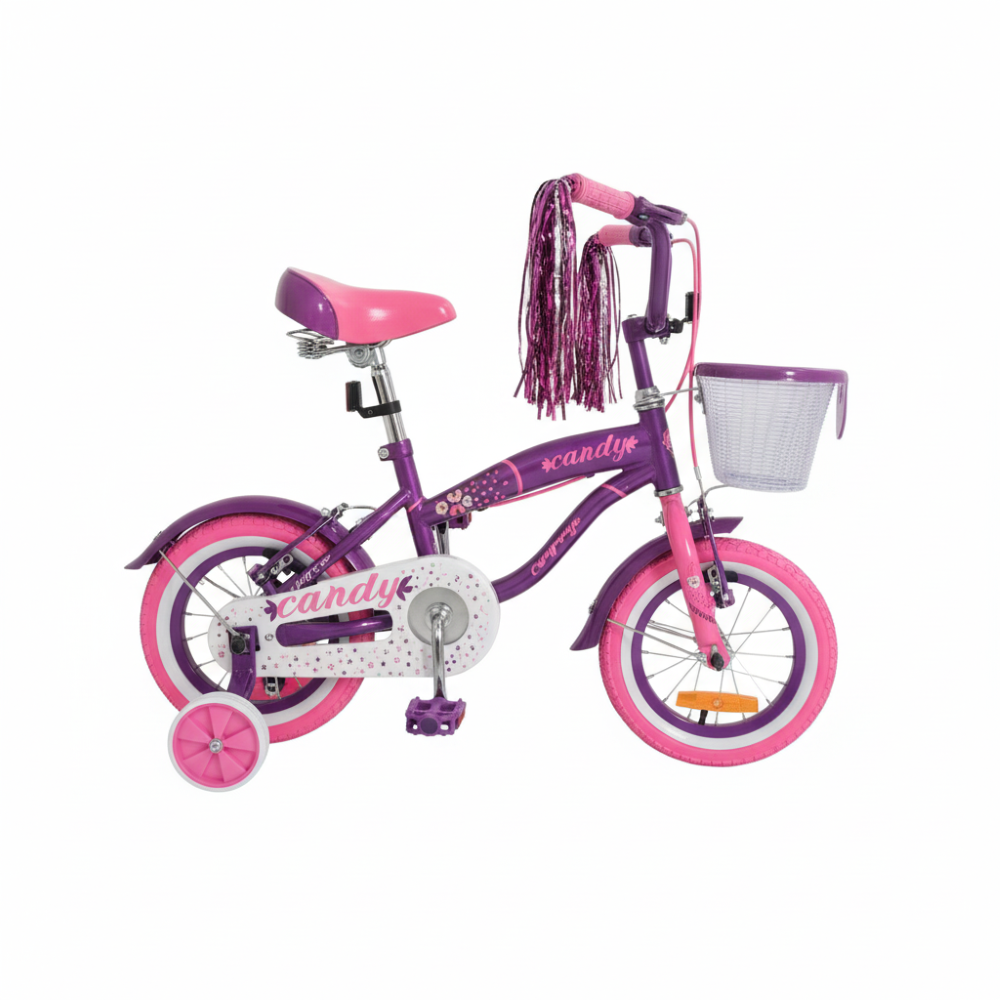 Bicicleta para Niñas Rin 12 GW 2 a 4 años Candy, con Ruedas Auxiliares, Canasta, Pompones, Color Morado Lavanda .Wuilpy Bike