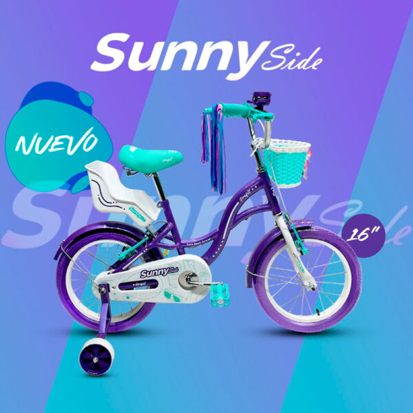 Bicicleta para niñas rin 16 Sunny, para niñas de 4 a 6 años morada, con ruedas auxiliares. Wuilpy Bike.