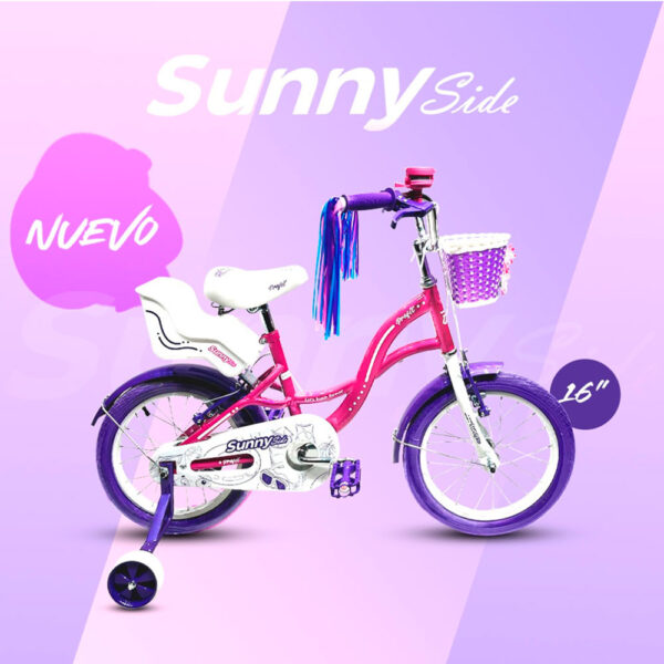 Bicicleta para niñas rin 16 Sunny, para niñas de 4 a 6 años rosada, con ruedas auxiliares. Wuilpy Bike.