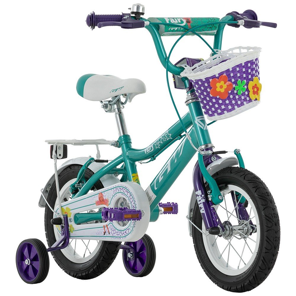 Bicicleta para Niñas Rin 12 GW Modelo Fairy, Para niñas de 2 a 4 años. Con Ruedas y Auxiliares, Canasta y Campanita.Aguamarina
