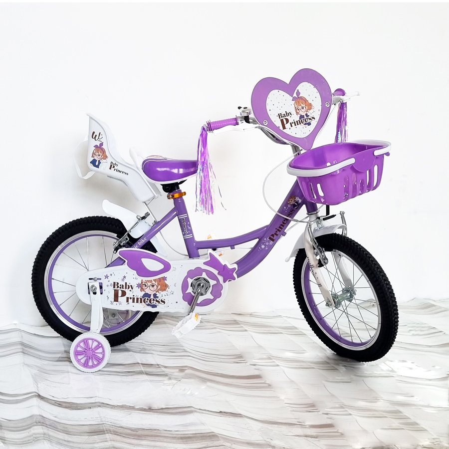 Bicicleta rin 16 Baby Princess Wuilpy morada vista lateral, con corazón, canasta y porta muñeca