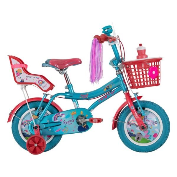 Bicicleta para niña rin 12 GW Princess Story color turquesa perlado con porta muñeca, canasta y rueditas - Wuilpy Bike