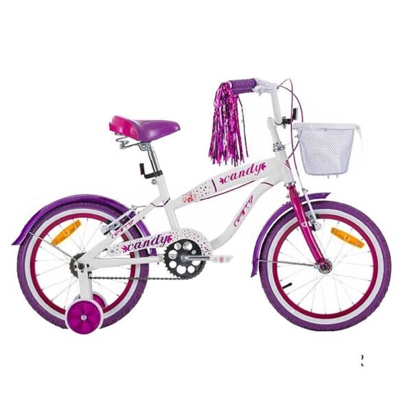 Bicicleta para niñas rin 16 GW Candy color blanco perlado y púrpura, con canasta, pompones y ruedas auxiliares - Wuilpy Bike