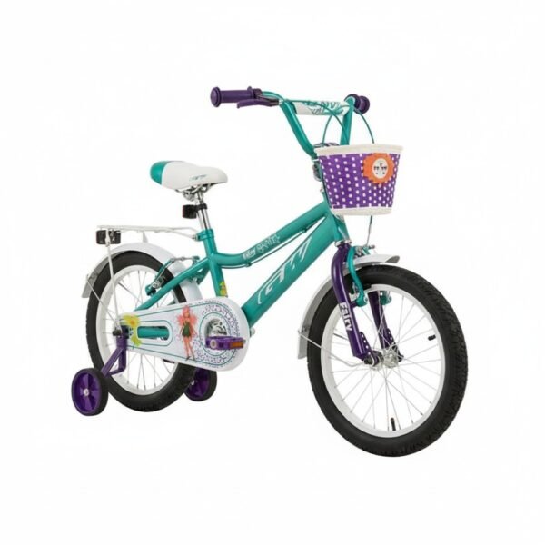 Bicicleta para niñas rin 16 GW Fairy color aguamarina y morado perla, con canasta, parrilla y ruedas auxiliares - Wuilpy Bike