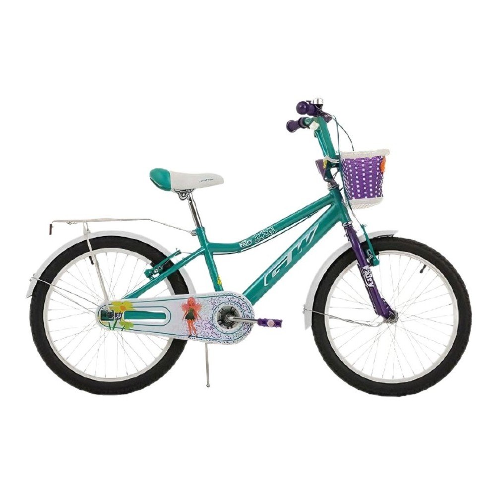 Bicicleta para niñas rin 20 GW Fairy color aguamarina y morado perla, vista lateral, con canasta, parrilla y paral - Wuilpy Bike
