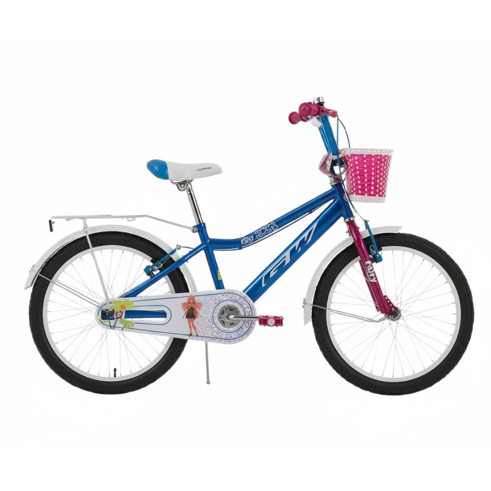 Bicicleta para niñas rin 20 GW Fairy color azul celeste y púrpura, con canasta, parrilla y paral - Wuilpy Bike