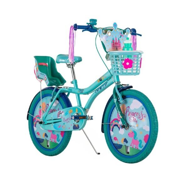Bicicleta para niñas rin 20 GW Princess Story color azul cenizo y azul aguamarina, con canasta, porta muñeca, pompones y paral - Wuilpy Bike