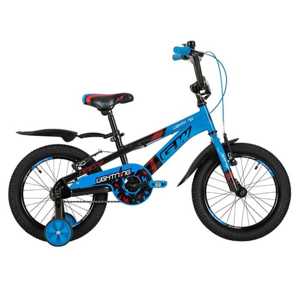 Bicicleta para niños rin 16 GW Lightning color azul cielo y negro, con guardafangos y ruedas auxiliares - Wuilpy Bike