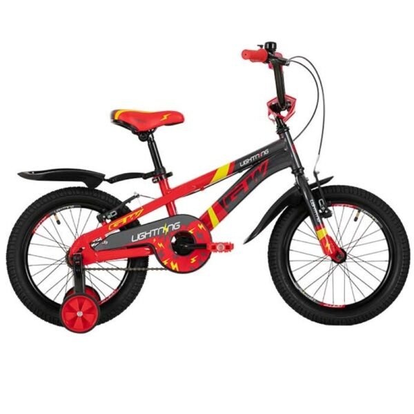 Bicicleta para niños rin 16 GW Lightning color gris perla y rojo lipstick, con guardafangos y ruedas auxiliares - Wuilpy Bike