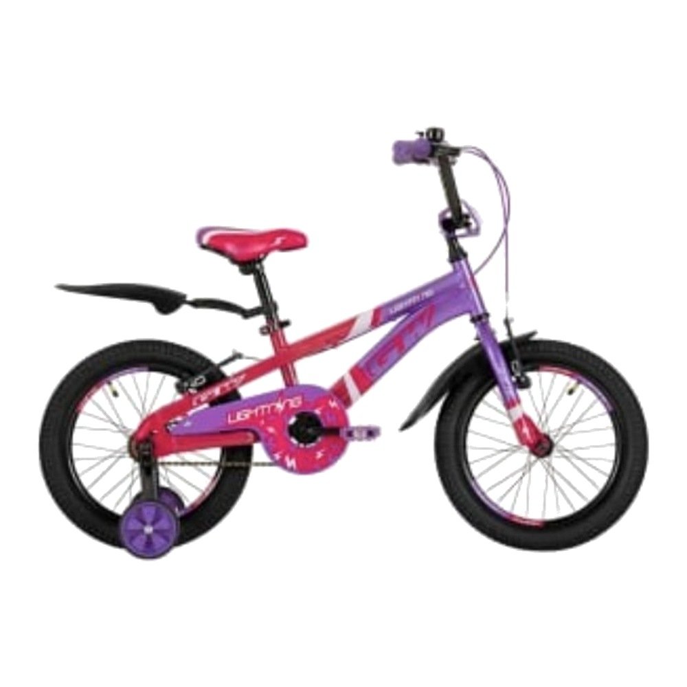 Bicicleta para niños rin 16 GW Lightning color lila perla y rosado satín, con guardafangos y ruedas auxiliares - Wuilpy Bike