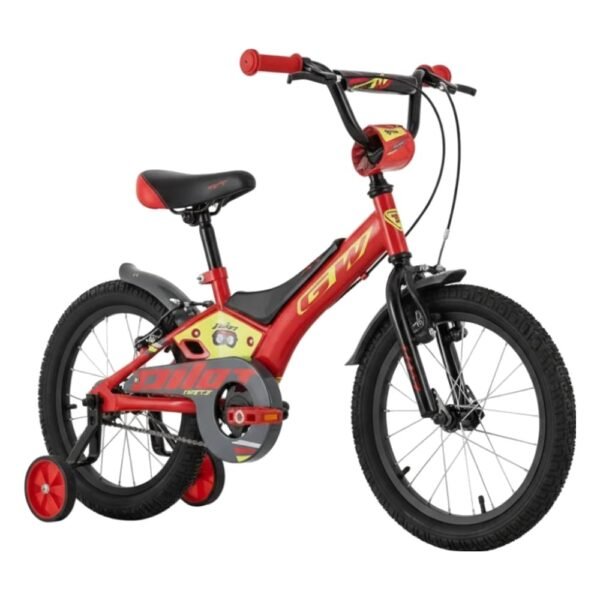 Bicicleta para niños rin 16 GW Pilot color rojo y amarillo limón, con ruedas auxiliares y freno V-Brake - Wuilpy Bike