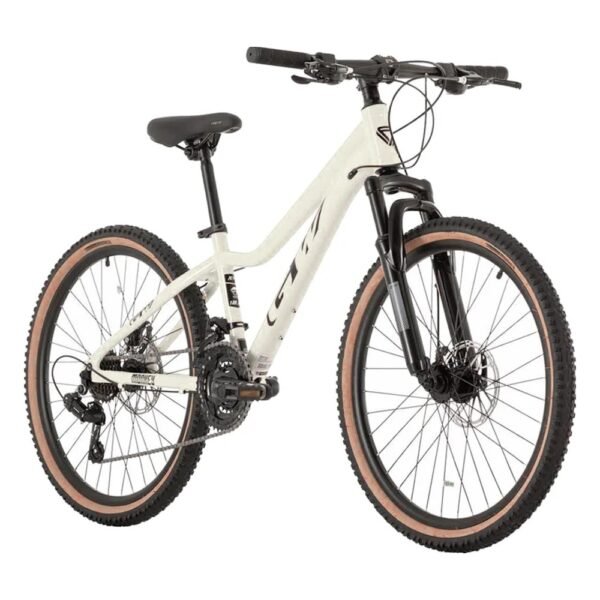 Bicicleta para niños rin 24 GW Monkey color blanco y negro, vista frontal, con marco de aluminio, frenos de disco y 21 velocidades - Wuilpy Bike