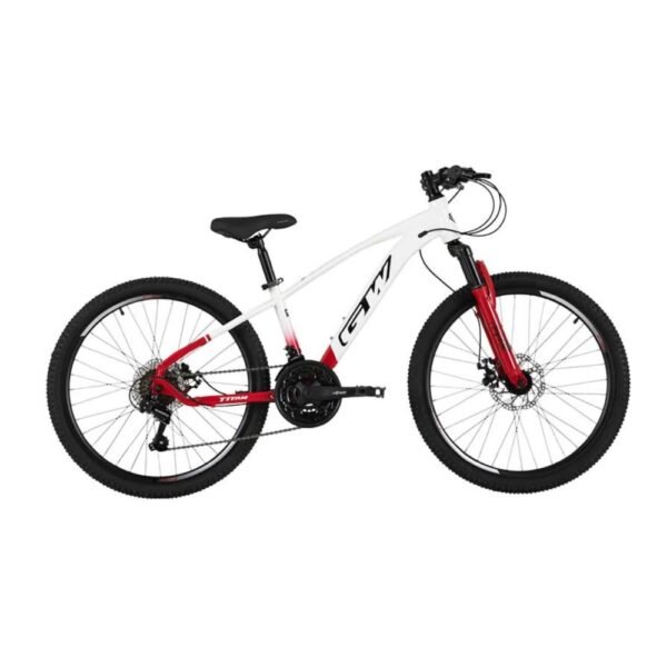 Bicicleta para niños rin 24 GW Titan color rojo chile, blanco y negro, con suspensión, frenos de disco y 21 velocidades - Wuilpy Bike