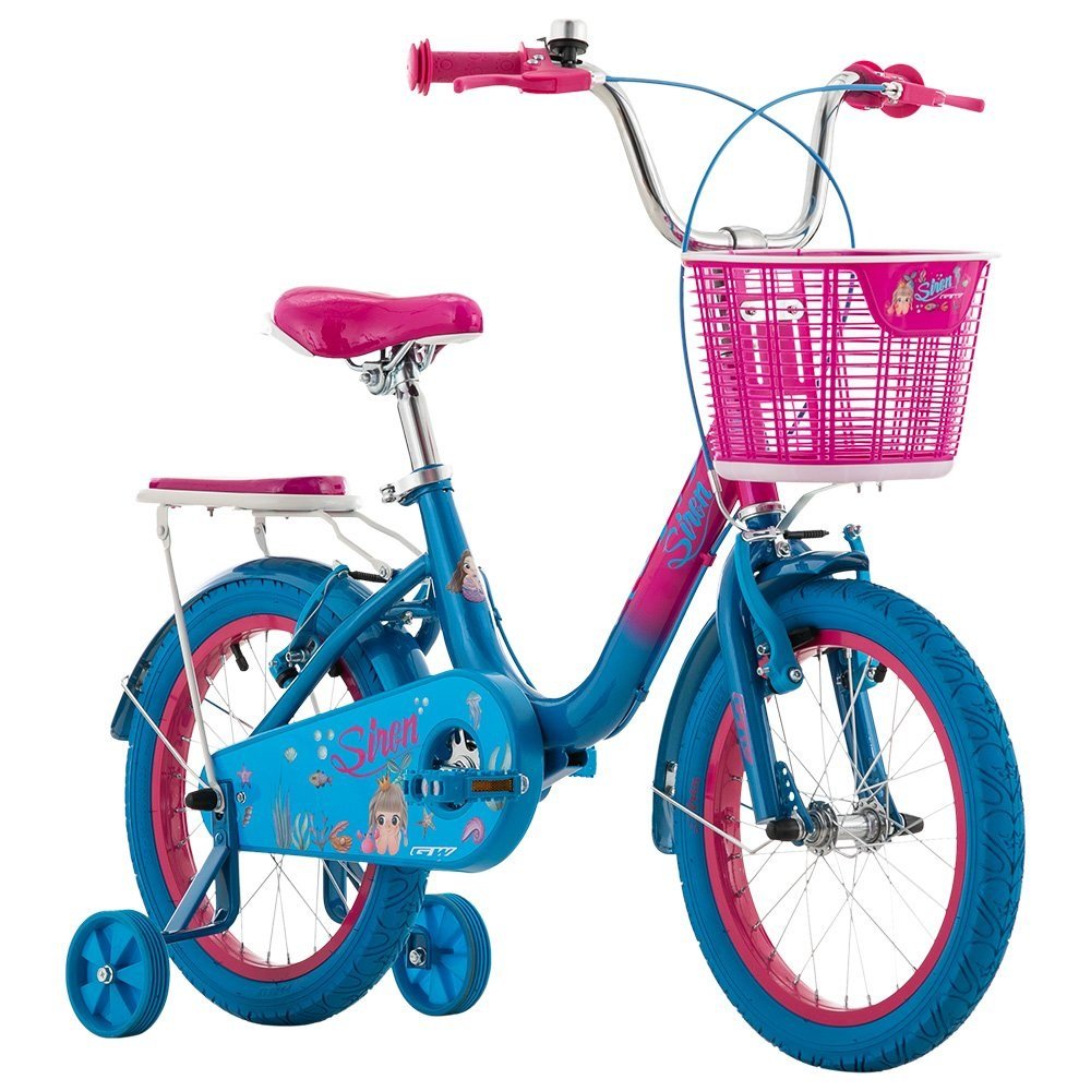 Bicicleta para niñas rin 16 GW Siren color azul titany y púrpura con canasta, parrilla y ruedas auxiliares - Wuilpy Bike