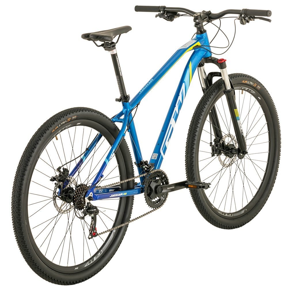 Bicicleta rin 29 de montaña MTB GW Jaguar azul especial, azul cielo y verde limón, vista trasera – Wuilpy Bike